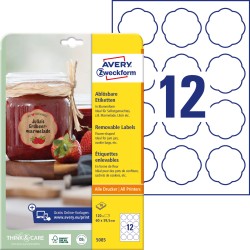 Etykiety papierowe 60 x 59,5 mm, białe etykiety w kształcie kwiatu z usuwalnym klejem, etykiety na butelki i słoiki 10 ark. / op., Avery 5085