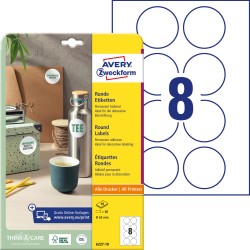 Etykiety papierowe Ø 65 mm, białe etykiety okrągłe z trwałym klejem, etykiety do oznaczenia 10 ark. / op., etykiety na butelki i słoiki, Avery 6227-10