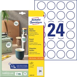 Etykiety papierowe Ø 40 mm, białe etykiety okrągłe z trwałym klejem, etykiety do oznaczenia 10 ark. / op., etykiety na butelki i słoiki, Avery L3415-10
