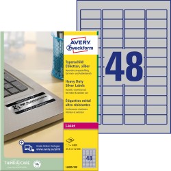 Etykiety znamionowe 45,7 x 21,2 mm, srebrne etykiety wodoodporne, etykiety poliestrowe 100 ark., tabliczki znamionowe do druku, etykiety foliowe Avery L6009-100
