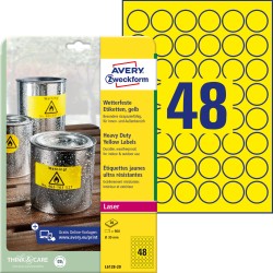 Etykiety foliowe Ø30 mm, żółte etykiety wodoodporne z trwałym klejem, etykiety poliestrowe 20 ark. / op., etykiety ostrzegawcze Avery L6128-20