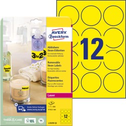 Etykiety papierowe Ø 63,5 mm, żółte neonowe kolory, etykiety okrągłe z usuwalnym klejem, etykiety do oznaczenia 25 ark. / op., etykiety cenowe Avery L7670Y-25