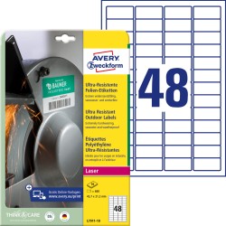 Etykiety foliowe 45,7 x 21,2 mm, białe etykiety wodoodporne z trwałym klejem, wytrzymałe etykiety przemysłowe 10 ark. / op., Avery L7911-10