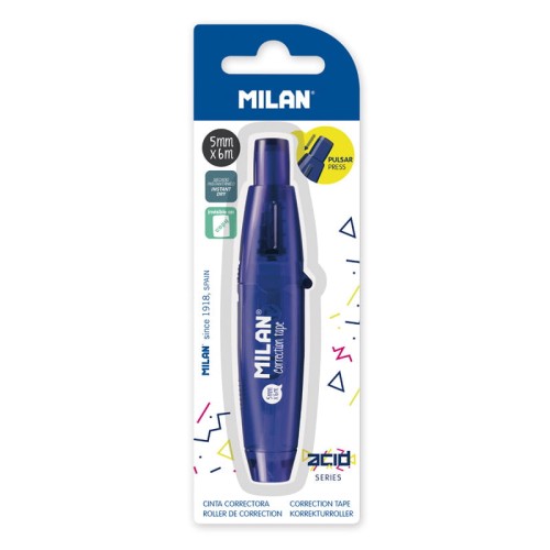 Korektor mini w taśmie z serii ACID z wysuwanym przyciskiem zwalniającym taśmę korekcyjną. Kolor niebieski. Rozmiar taśmy: szerokość 5 mm x długość 6 m. Szybki, czysty i dokładny. Korekty na wszystkich rodzajach papieru. Nie pozostawia śladów na kserokopi