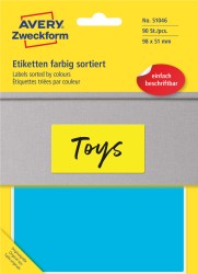 Trwałe etykiety kolorowe 98 x 51 mm, mix 5 kolorów, etykiety papierowe do opisu ręcznego, etykiety samoprzylepne 30 ark., Avery 51046