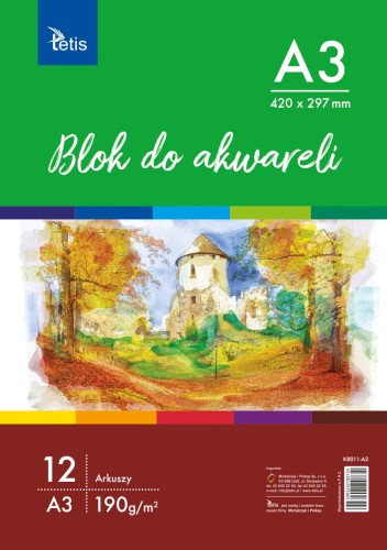 BLOK DO AKWARELI A3, 190 g/m2, 12 ARKUSZY KB011-A3 Tetis