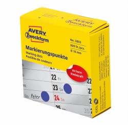 Kółka do zaznaczania w dyspenserze Ø 10 mm, niebieskie etykiety papierowe, etykiety okrągłe z trwałym klejem, etykiety do oznaczenia 800 szt. /rolka, Avery 3853