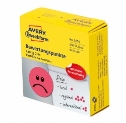 Kółka do zaznaczania w dyspenserze Ø 19 mm, czerwone etykiety papierowe, etykiety okrągłe z trwałym klejem, naklejki Smutna buźka 250 szt., Avery 3859