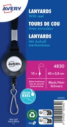 Smycz na identyfikator z mechanizmem ściągającym o dł. 60 cm, 10 szt., 8 x 400 mm, czarne smycze, AVERY 4830