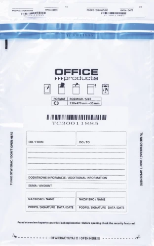 KOPERTA BEZPIECZNA OFFICE PRODUCTS C3, 330x470mm 50 sztuk, TRANSPARENTNA